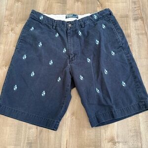 Polo Ralph Lauren Chino‎ Shorts M 34 Navy Blue Crest Embroidery All Over Cotton